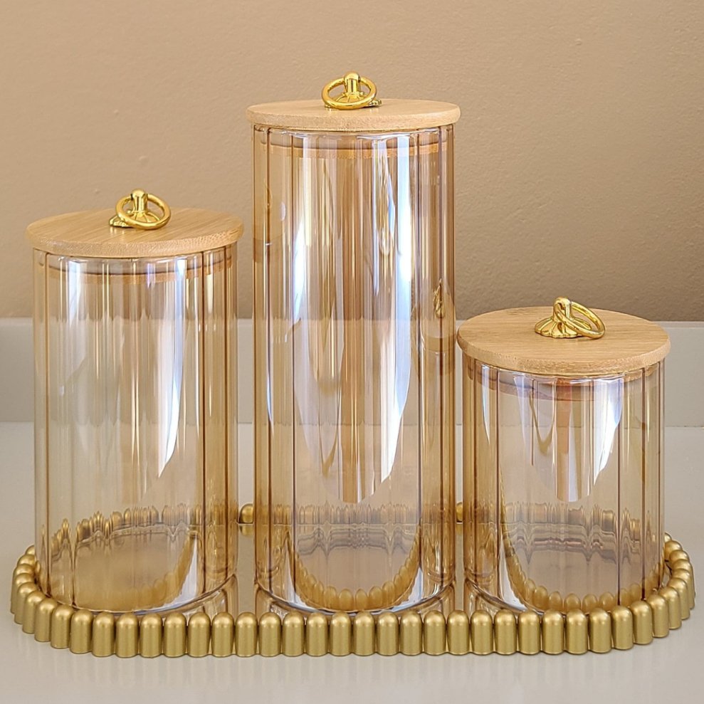 Kit Potes  canelado de  Vidro Âmbar dourado com Tampa de Bambu Argola  Hermética Design
