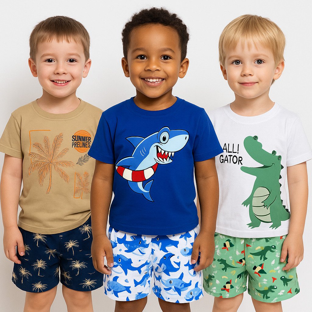 Kit 3 Conjunto Menino Infantil Verão Algodão Camiseta + Shorts 1 a 5 Anos Estampado Barato