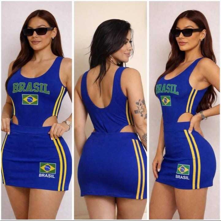 Conjunto Feminino Brasil Body Cavado e Saia Roupa Copa do Mundo Tam Único Verde Azul Preto e Branco