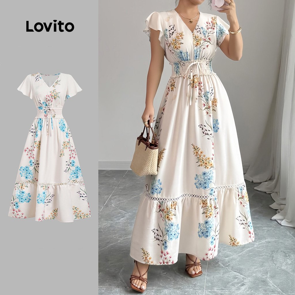 Lovito Vestido Boho Plissado Smocked para Mulheres - Vestido Primavera/Verão LBL32051