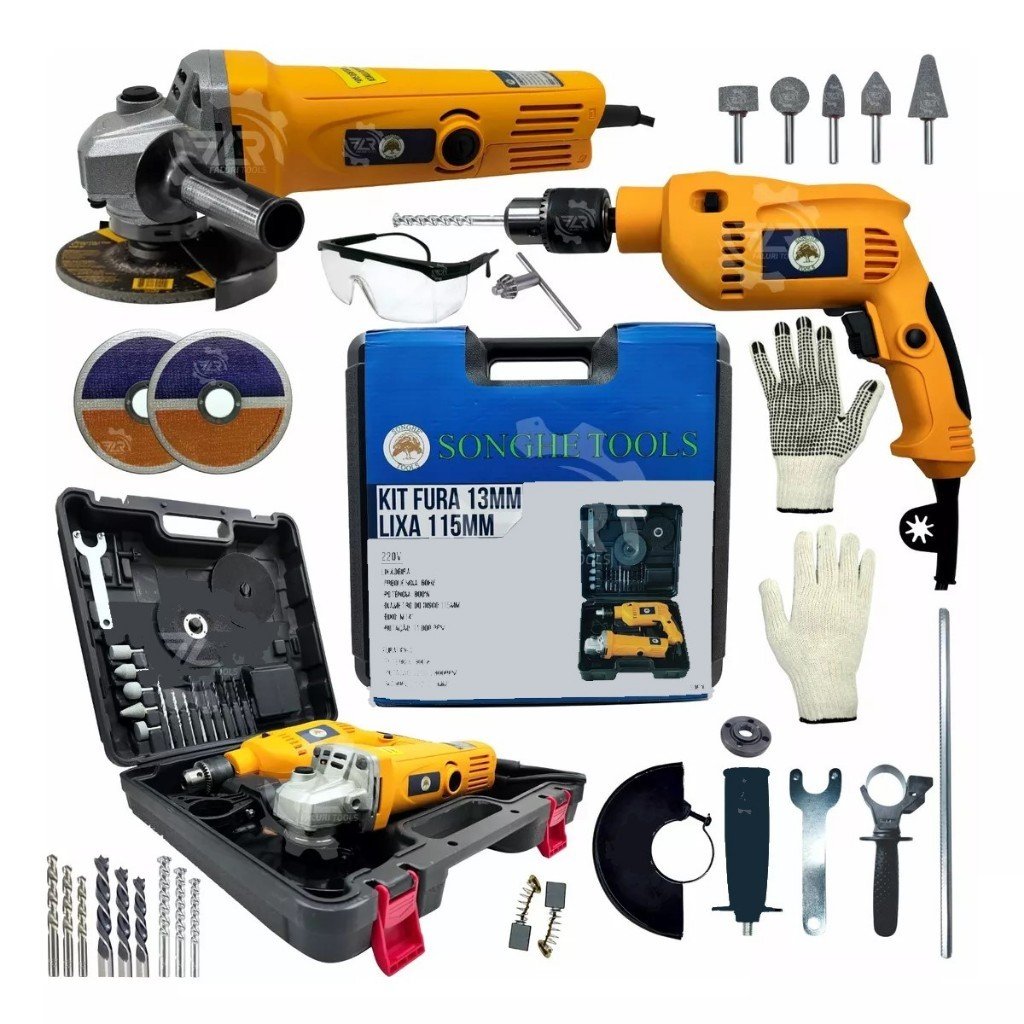 Kit Furadeira / Parafusadeira E Lixadeira / Esmerilhadeira Com 25 Peças E Maleta SH Tools