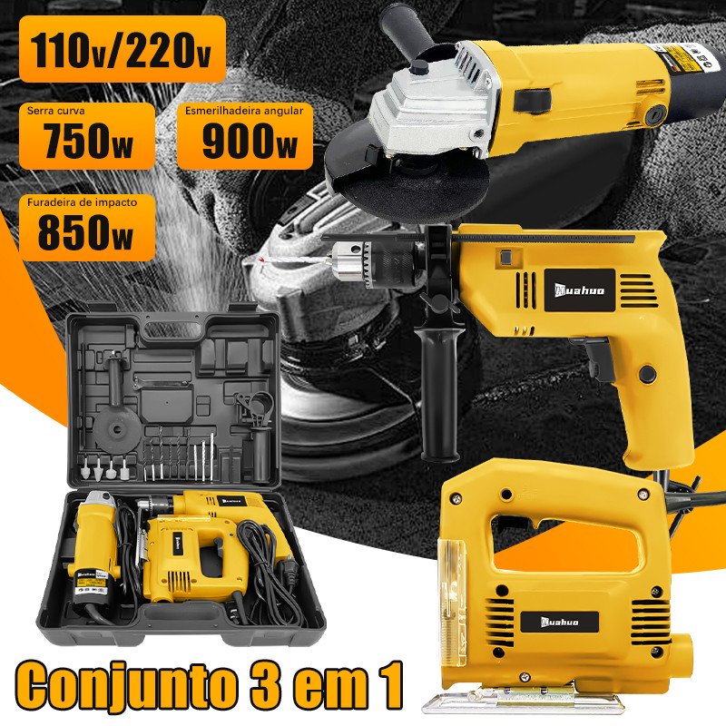 Kit 3 Em 1 Furadeira de impacto/Lixadeira Esmerilhadeira/Serra Tico Tico+Acessórios e kit de ferramentas