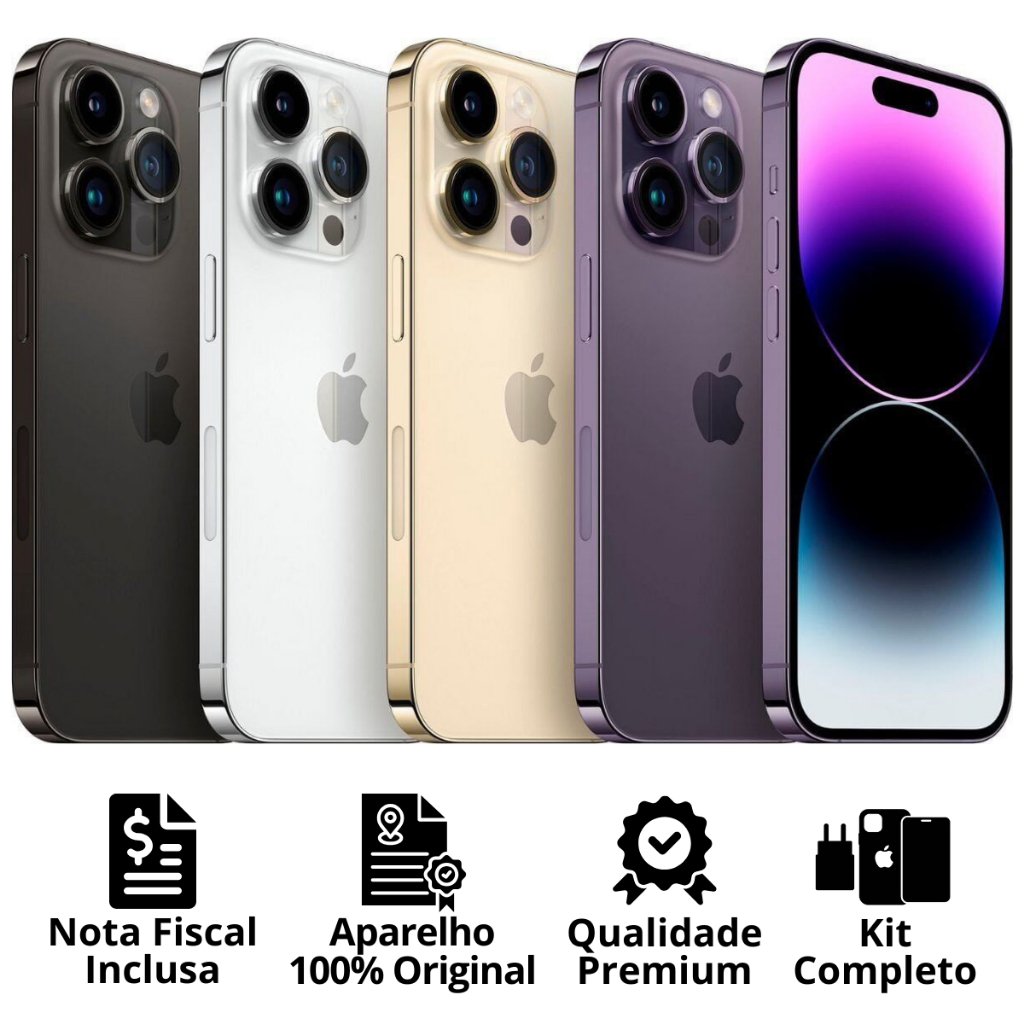 Celular iPhone 14 Pro (128GB) (256GB) 100% Original Apple Seminovo Vitrine Bateria 85% a 100% NF Carregador Película