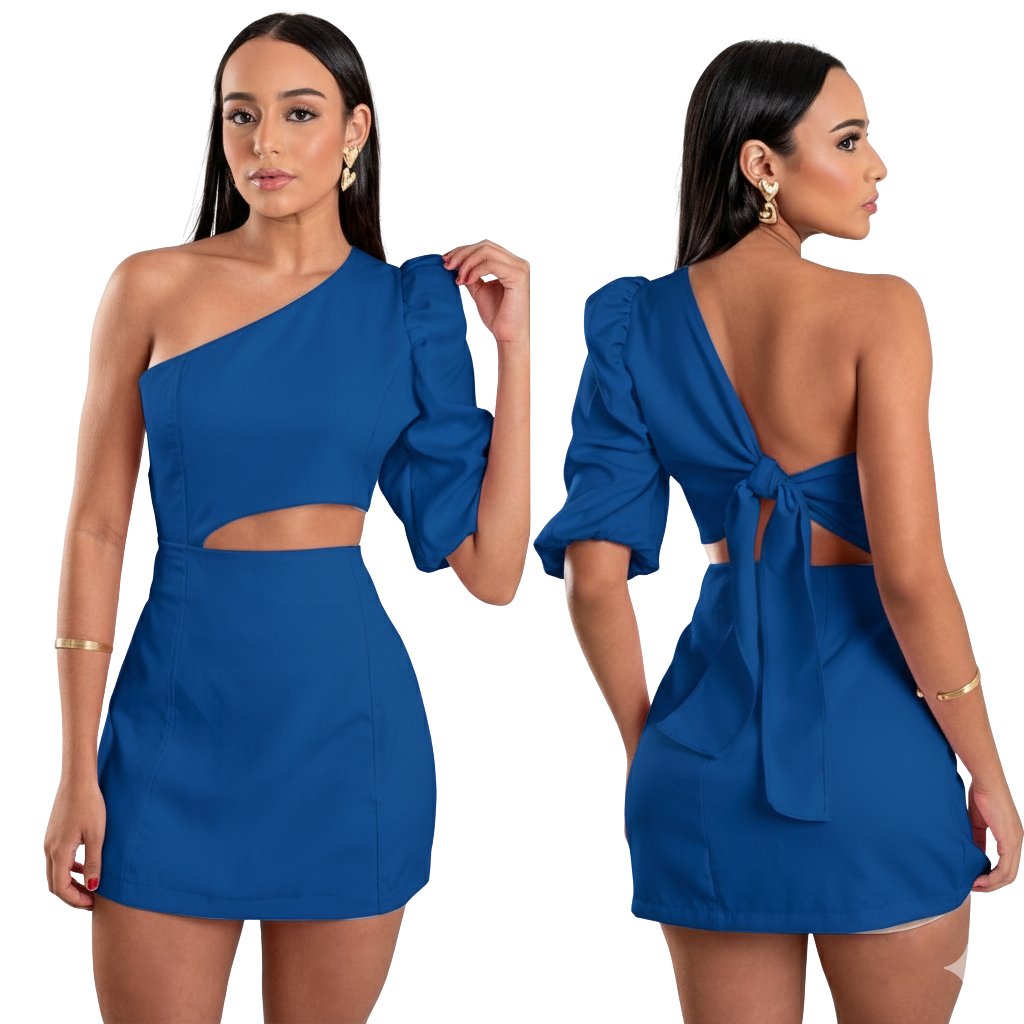 Vestido Alfaiataria Feminino Um Ombro Só Manga Bufante Festa Curto Elegante Vazado na Cintura