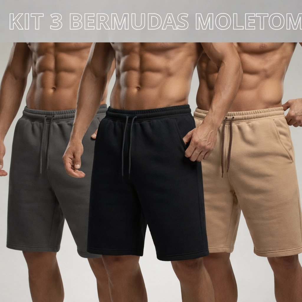 Kit 3 Bermudas De Moletom Premium Masculina Moletinho Com Bolso E Amarração cor sortidas