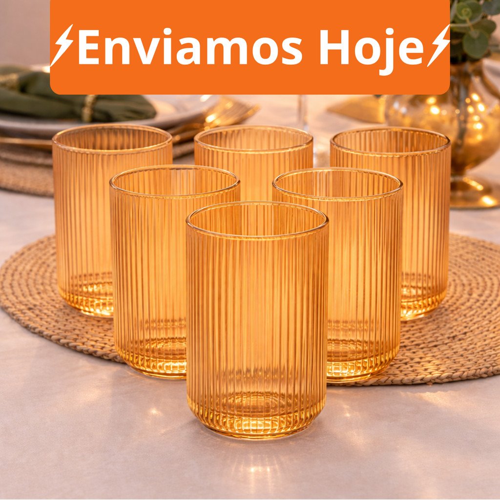 Jogo Copos Canelado e Versalhes Clear Jogo Ambar Transparente Com Ate 12 Peças