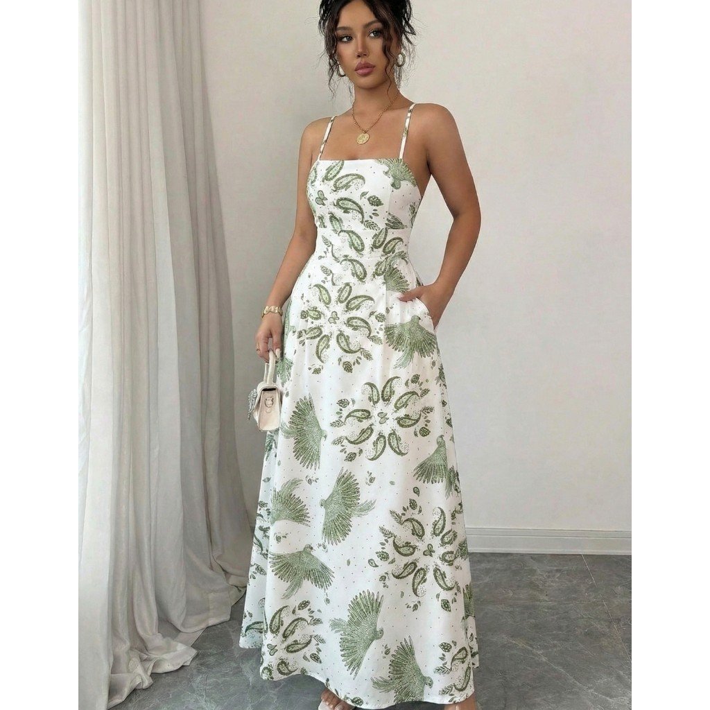 Vestido Longo Feminino Alcinha Fina Bojo Estampa Floral Tendência Verão