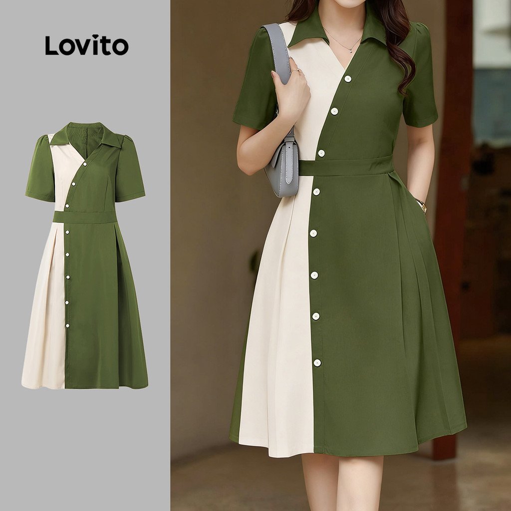 Lovito Vestido Casual com Botão e Blocos de Cores para Primavera/verão feminino LK5LD225