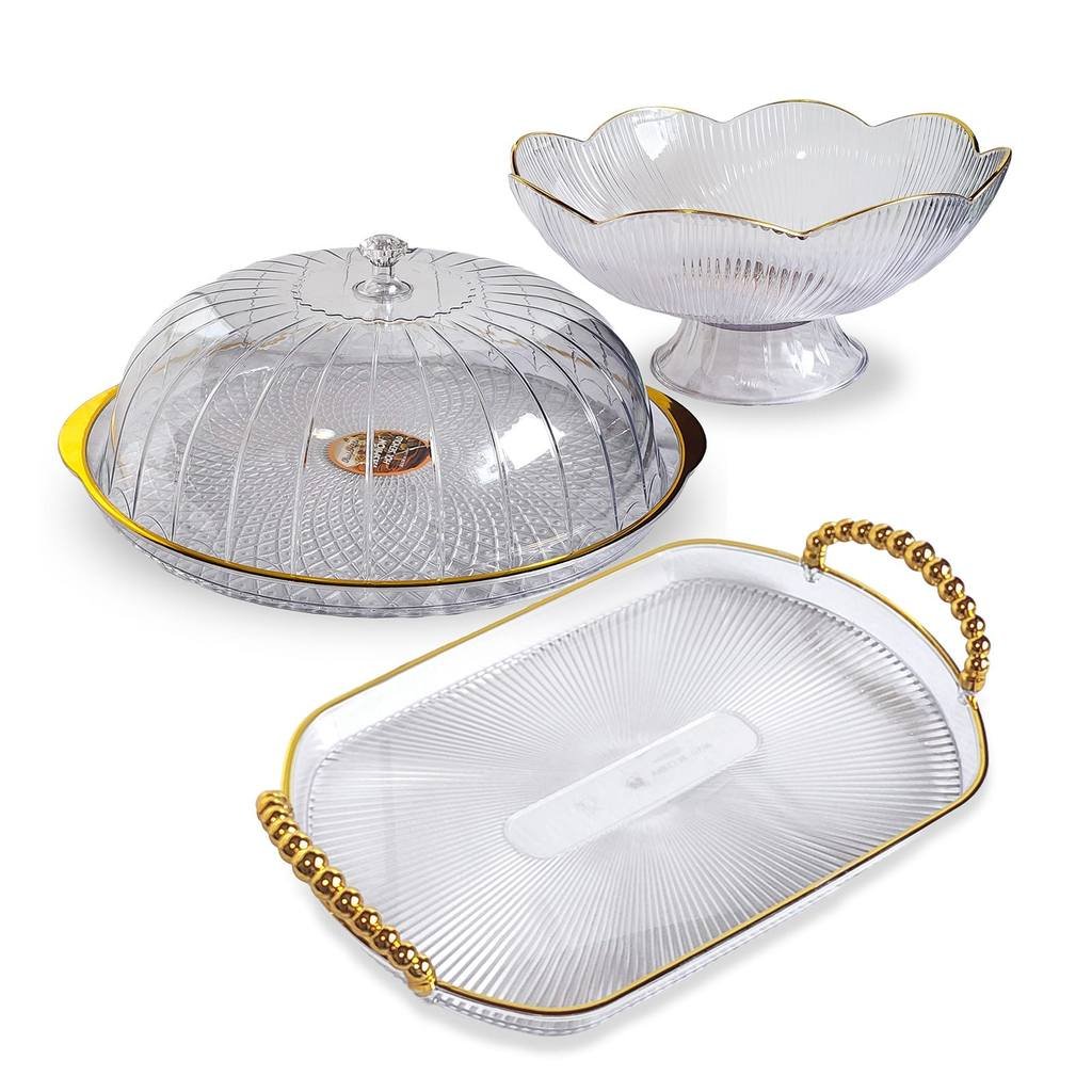 Kit Mesa Posta Boleira, Bandeja e Fruteira Acrílico Efeito Cristal Opção Grande ou Média