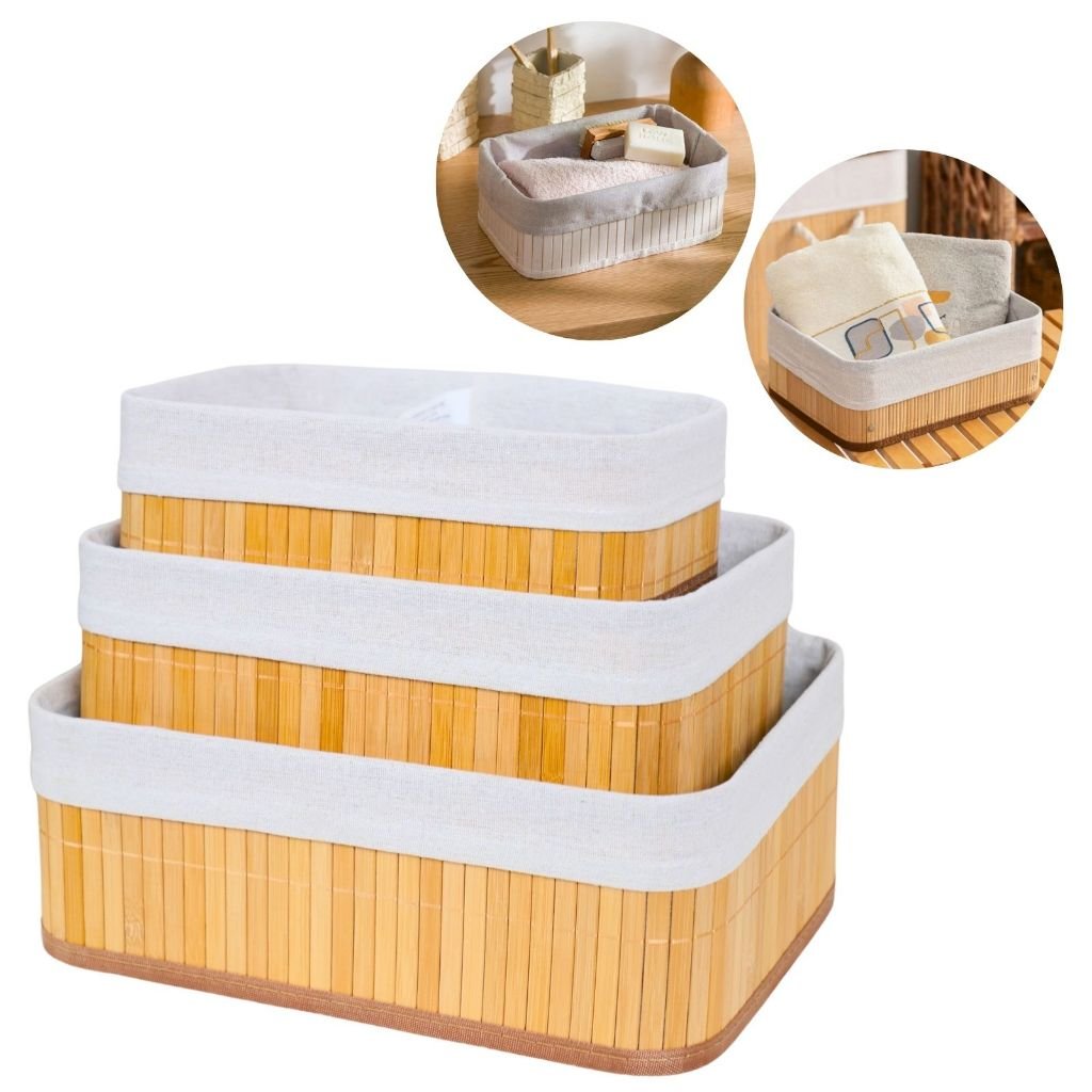Kit 3 Cestos Organizadores de Bambu Multiuso com Forro