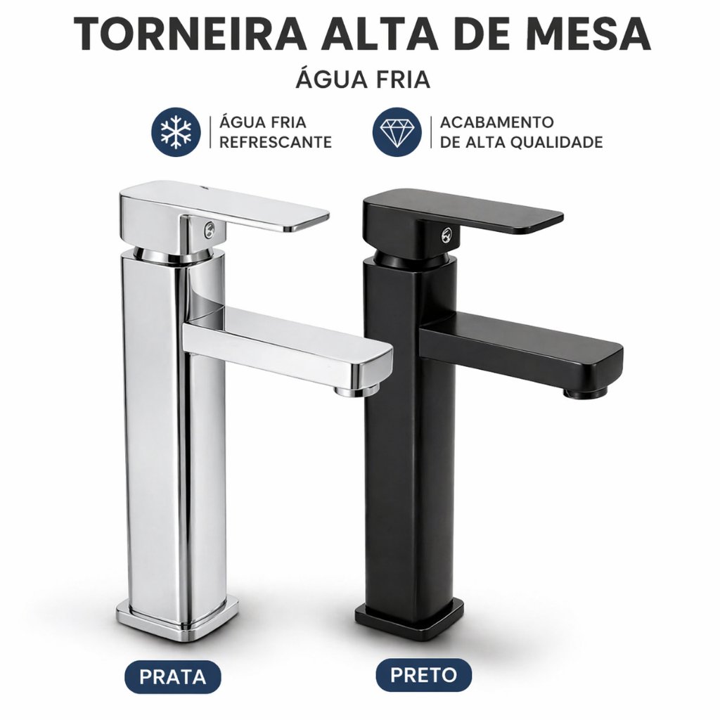 Torneira de Mesa Banheiro  Preto Prata Lavabo Quadrada Água Fria Essenza