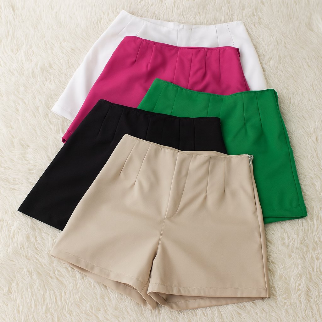 Kit 2 Shorts Feminino Alfaiataria Casual Com Elastano e Zíper Na Lateral Social Cintura Alta