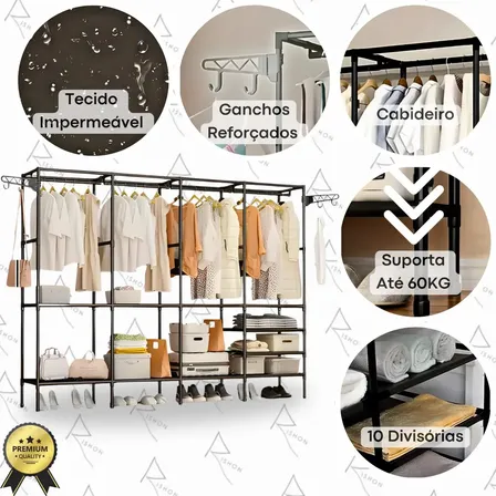 Guarda Roupa Dobravel Closet Aberto Organizador De Roupas Desmontavel E Arara Organizadora 4 Colunas Em Aço Resistente Rishon Preto