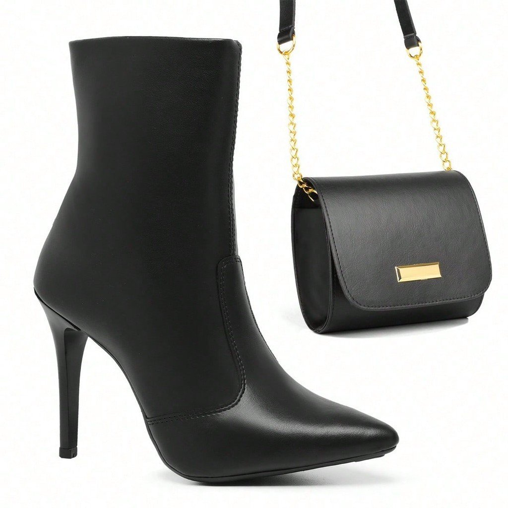 Kit Bota Feminina Salto Alto Bico Fino Macia De Couro Com Zíper Lateral + Bolsa Transversal Feminina