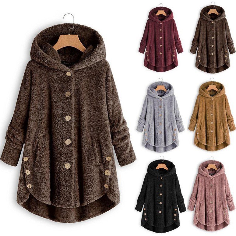 Plus size Casaco feminino sobretudo de inverno/ de frio teddy de lã com capuz quente de pelúcia cor sólida cardigan P5XG