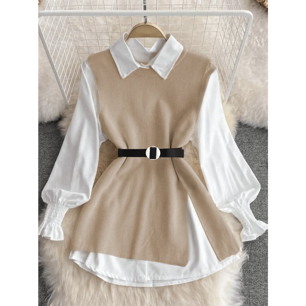 Liuhan Modasfeminina 2 peças/Conjunto Colete Com Manga De Lanterna Branca de Primavera e Colete De Malha De Ajuste Solto