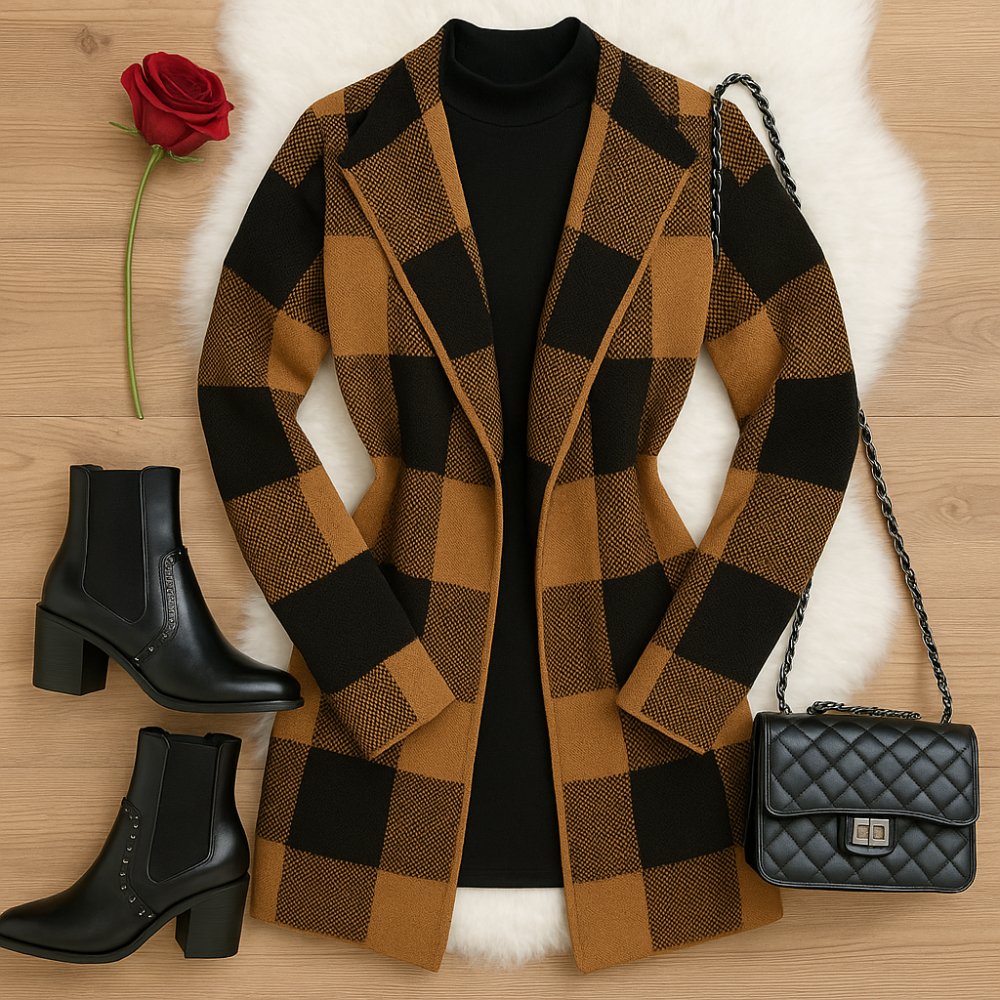 Sobretudo Kimono Xadrez Tricot Grosso Inverno