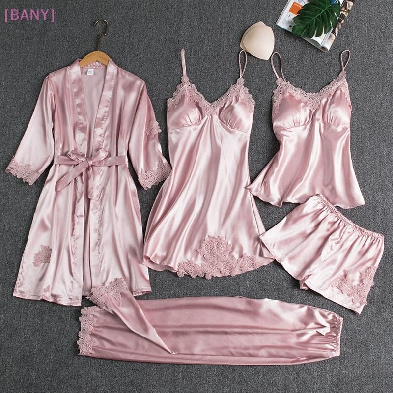 [BANY] 5 Peças Roupão De Seda Roupa De Dormir Feminina Renda Sa Pijama Vestido Conjunto Com Decote Em V Cami Camisola Us