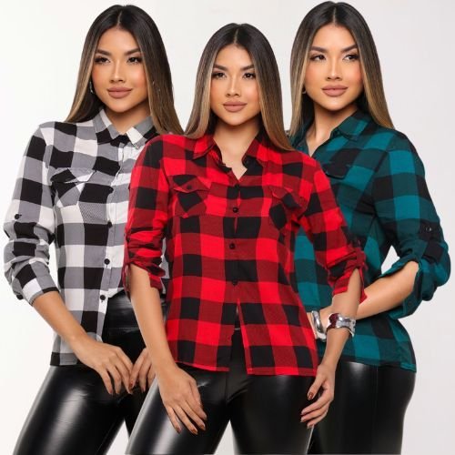 Camisa Xadrez Femenina Quadriculado Manga Longa Viscose Rodeio Feminino Blusa Mulher Para Quadrilha