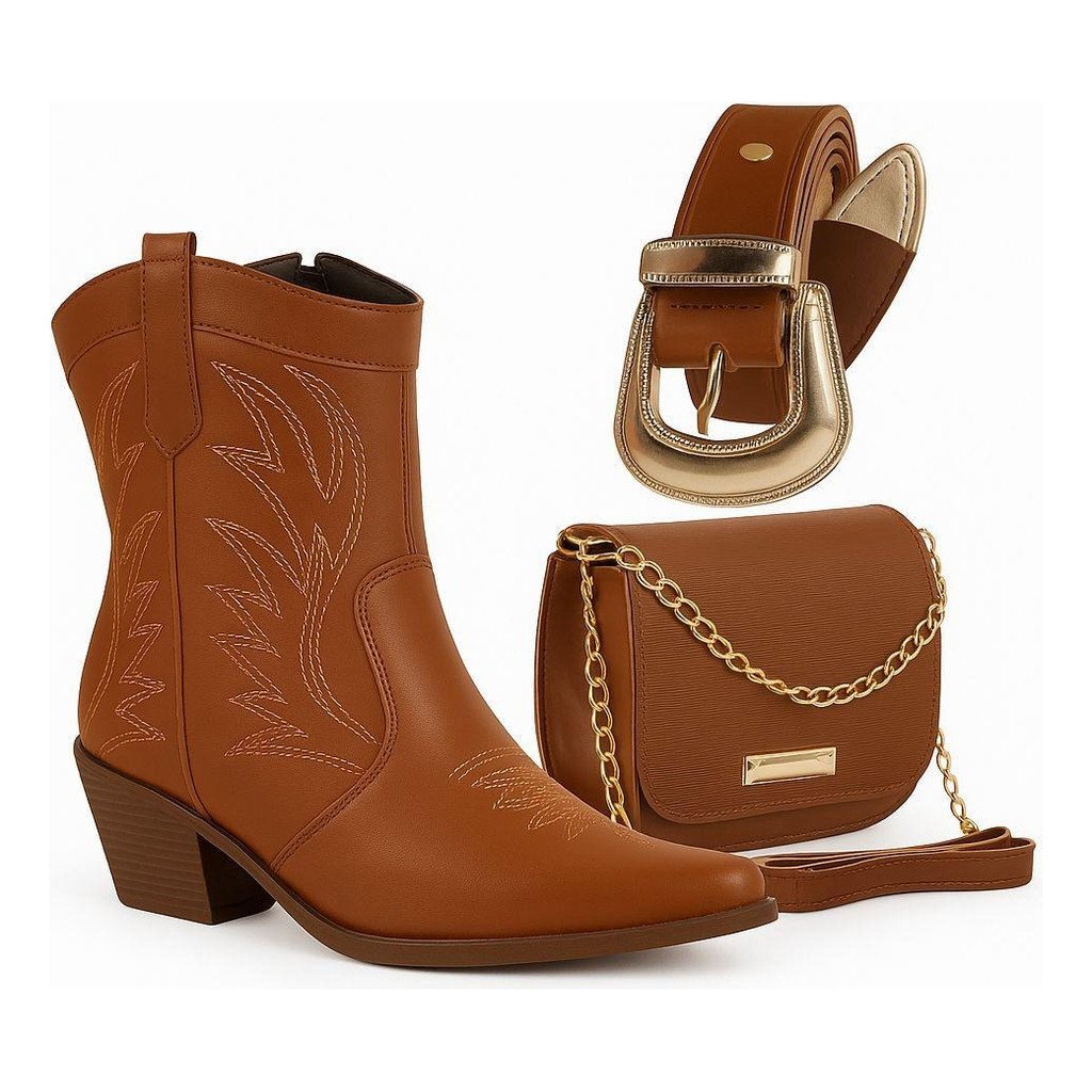 Kit Country Western Bota + Bolsa + Cinto De Presente Bota Texana Rodeio