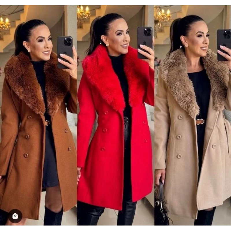 Casaco de Lã Batida Feminino 2026 Sobretudo Elegante Premium de Inverno luxoquentinho e Pelos Removivel COM CINTO 01 ads