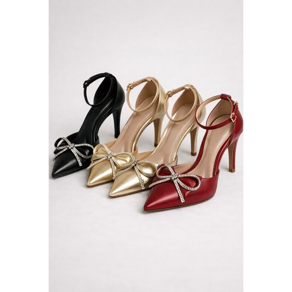 Scarpin Feminino Salto 7cm Laço Strass Luxo Elegante I Marsala I Preto I Dourado