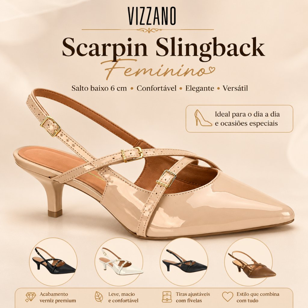 Scarpin Feminino Vizzano Slingback Salto Baixo 6 cm Bico Fino Verniz Confortável Elegante e Versátil