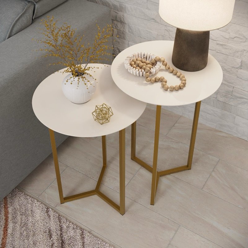 Conjunto de Mesa redonda Alice Dourado em aço e tampo Mdf
