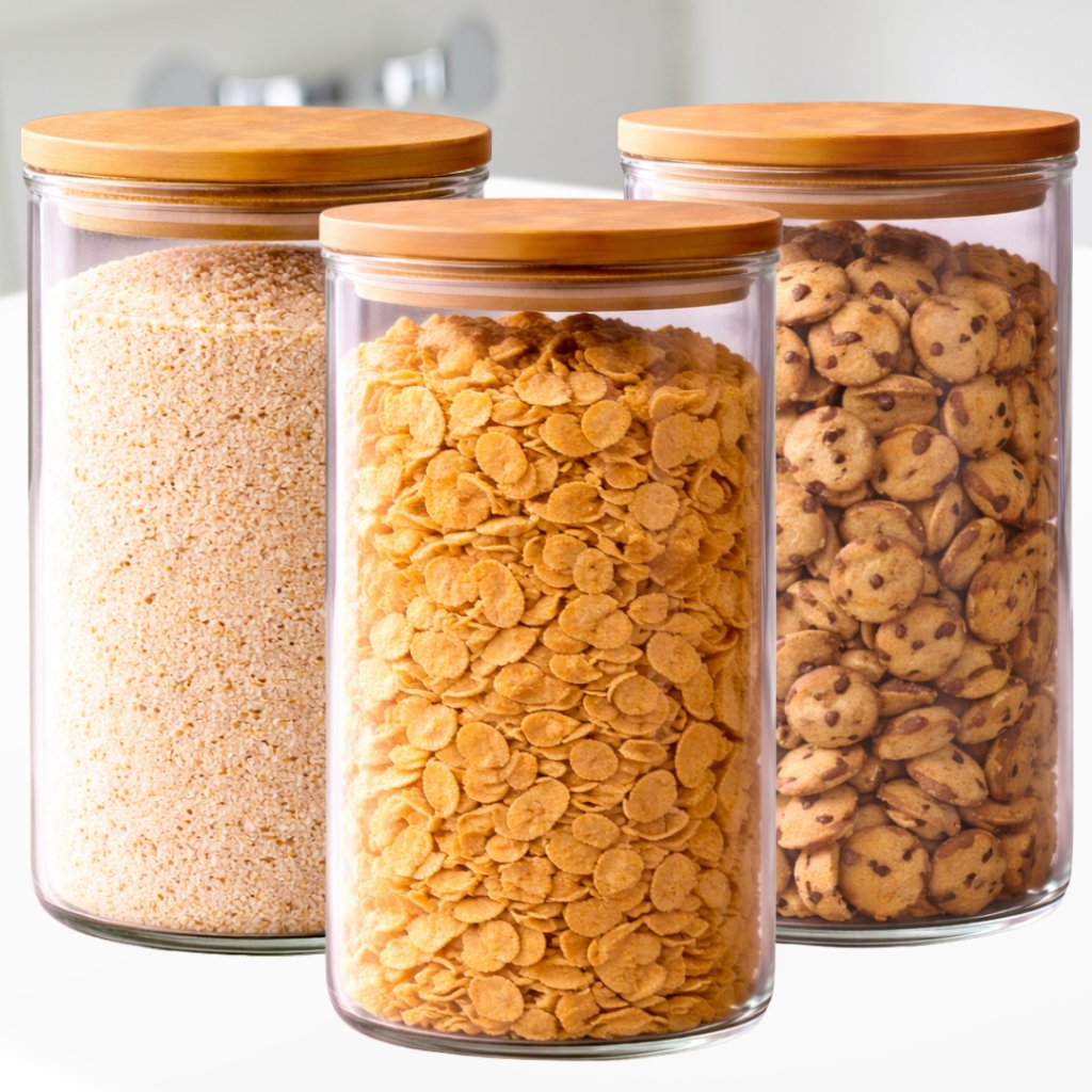 Kit 3 Potes De Vidro Borossilicato Hermético Tampa Bambu Vedação Alimentos Cereais Olivini Home