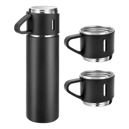 Caneca Kit Garrafa Térmica Vacuum Bottle Inox 500ml + 3 Xíca